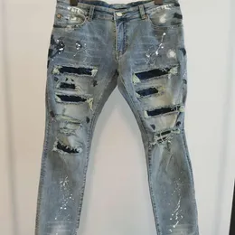 Мужские джинсы роскошные дизайнерские штаны Длинный худой синий искусственный бриллиант уничтожает дизайнер из рваного стеганого одеяла Джин Менс Дизайнеры ткани2668