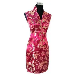 Burgundy Traditionell kinesisk damklänning Mujeres Vestido kvinnlig satin V-ringad mini Cheongsam Qipao Storlek S M L XL XXL XXXL JY012-7293J