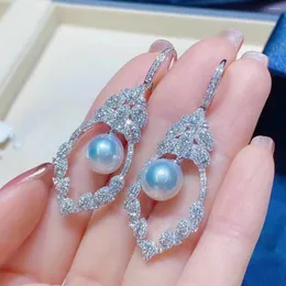 Pendientes colgantes Precioso par de pendientes de perlas blancas redondas del Mar del Sur de 8-9 mm 925s