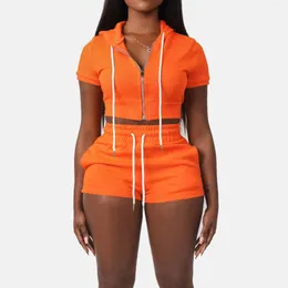 Women's Tracksuits Chic And Elegant Orange Two Piece Jogging Woman Set Zipper Hoodie Crop Tops 2023 Summer Gym Shorts Sports Sweatshirt