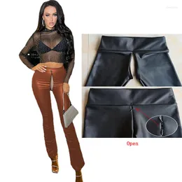 Leggings da donna INS Pantaloni di pelle Invisibili con apertura sul cavallo Outdoor Sex Club PU Pantaloni a vita alta da donna Vendita sexy femminile