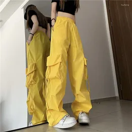 Women's Pants Y2K Women Cargo Harajuku Solid Pockets Drawstring Wide Leg Trousers Streetwear Hip Hop Baggy Tech Joggers Sweatpants