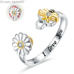 Обручальные кольца 925 Стерлинговое серебряное спиннер Daisy Flower Bee Ring Регулируемая волновая тревога беспокойство.