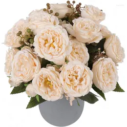 Decorative Flowers Artificial Silk Peony 5 Head White Rose For Wedding Table Home Decoration Bridal Holding Bouquet Christmas Garland