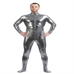 Metallic Silver grigio oro Abbigliamento da ballo attillato da uomo Shiny Metallic Unitard Zentai Suit Front Zip unisex 277t