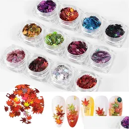 Nail Art Decorations 12Box/Set Nails Maple Leaf Sequins Holographic Fall Leaves Flakes Stickers Laser Glitters Paillette Manicure Dr Dht3Q