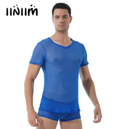 Męskie dresy Męskie przezroczyste dwuczęściowe zestawy Hollow Out Mesh Club Bar Kostium V Neck Krótki rękaw T-shirt z elastycznym paskiem Bokserki