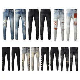 23SS Tasarımcı Am Mens Jeans Erkekler Kadın Yüksek Zanaat Esnekliği İnce Vücut Kot Pantolon Uzun Su ayı Çıkartması Yırtık Kot Düz Sokak Giyim Sıska Pantolon 28-40