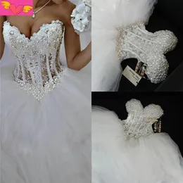 Ballkleid-Hochzeitskleider, herzförmiges Korsett, durchsichtig, bodenlang, Prinzessin-Brautkleider, Perlenspitze, Perlen-Hochzeitskleider261p