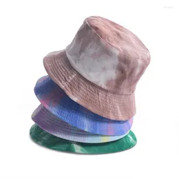 Berets HanXi Corduroy Bucket Hats Women Fisherman Caps Autumn Winter Reversible Multicolor Tie Dye Men Gorros