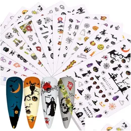 Stickers Decals 12Pcs/Pack Halloween Designs Nail Art Sticker Mix Pumpkin Ghost Devil Skl Self Adhesive 3D Slider Nails Wrap Decor Dhhbg