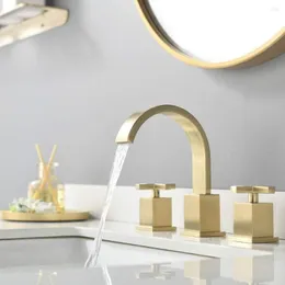 Badezimmer-Waschtischarmaturen, Wasserfall, 2 Griffe, 3 Löcher, gebürstetes Gold, bleifrei, weit verbreiteter Wasserhahn, Messing, Top-Qualität, kalt