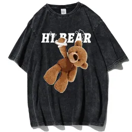 Gotik Bear T Shirt Vintage Yıkanmış T-Shirt Yaz Karikatür Baskı Tshirt Hip Hop Sokak Giyim Retro Rahat Gevşek Kısa Kollu Tees