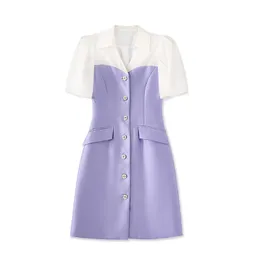 2023 Summer PurpleContrast Color Panelled Dress Short Sleeve V-Neck Buttons Knee-Length Casual Dresses W3L043705