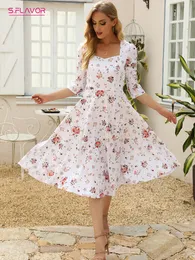 Robes décontractées basiques S.FLAVOUR Femmes Printemps Blanc Floral Imprimé Robes Midi Élégant Col Carré 34 Manches A-ligne Party Vestidos Style Français 230707