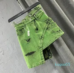 Jupes mode 2023 femmes personnalisé Double taille Design vert a-ligne Denim jupe asymétrique fille courte Mini