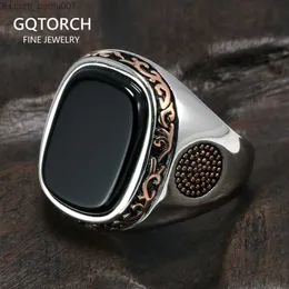 Anel Solitário Anel Solitário Real Puro Anéis Masculinos Prata s925 Retro Vintage Turco Para Homens Com Pedras Onyx Pretas Naturais Turquia Jóias Z230710