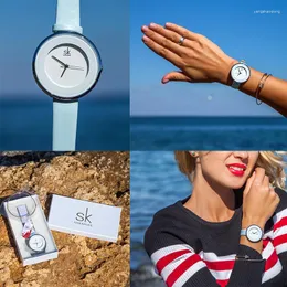 손목 시계 여성 Shengke Skyblue 가죽 스트랩 버클 시계 38mm Big Top Brand Simple Dial Quartz Luxury Ladies Watch