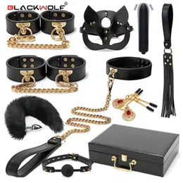 Giocattoli per adulti BLACKWOLF BDSM Bondage Kit Set di ritenuta in vera pelle Manette Collare Bavaglio Vibratori Sesso per donne Giochi di coppia 230706