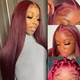 99j Straight 13x4 Burgundy Lace Front Wigs Human Hair 150% Hd Lace Frontal Human Hair PrePlucked With Wine Red Wig