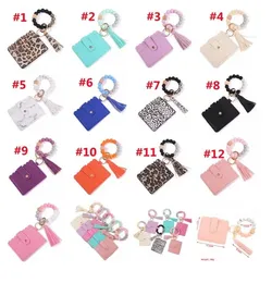 DHL Fashion PU Leather Bracelet Wallet Keychain Party Favor Tassels Bangle Key Ring Holder Card Bag Silicone Beaded Wristlet Keychains Handbag G0707