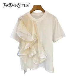 T-shirt da donna TWOTWINSTYLE Patchwork Ruffle Top bianco per donna O collo manica corta T-shirt casual Abbigliamento moda femminile Estate 230707