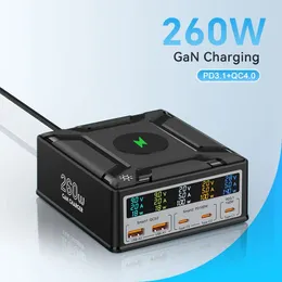 260W USB C Laddningsstation GaN PD3.1 QC3.0 Snabbladdning 6 i 1 PPS 5 portar Trådlösa laddare för MacBook Pro iPhone Samsung Laptop