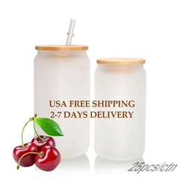 USA CA Warehouse 16oz Frosted Clear Sublimation Water Bottle Glass Can Mugs Mason Jar Juice Tumblers with Straw Lid JY07