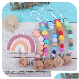 Pacifier Holders Clips# Baby Chain Holders Infant Cartoon Beech Rainbow Pacifiers Clips Born Feeding Natural Wooden Sile Beads Teeth Dhna0