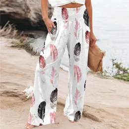 Calças femininas tops estampados penas cintura alta com cordão verão feminino casual joggers streetwear calças leves de ajuste