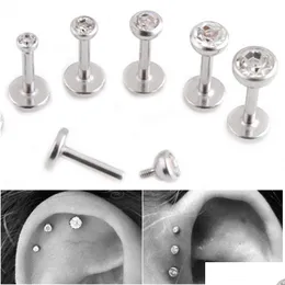 Labret Lip Piercing Jewelry Gem Stud Cartilage Helix Tragus Clear Crystal Ear Labret Earring Bar Internally Threaded 16G Diamond Ri Dhnz7