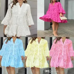 Fashion Summer Dress 2023 Trendy Plus Size S-5XL Solid Color Embroider Hollow Out Lace V-Neck Loose Sexy A-line Party Dresses For Woman