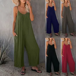 European and American suspender jumpsuit Women's Jumpsuits 2023 summer new solid color pocket casual jumpsuit Overall