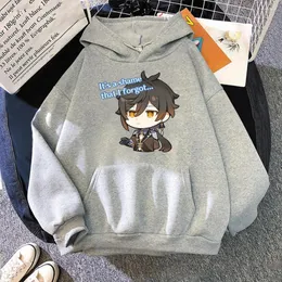 Męskie bluzy z kapturem Chibi Zhongli-Genshin Impact Game Streetwear odzież męska szkoda, że zapomniałem jesienno-zimowa bluza z kapturem z nadrukiem pulower