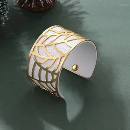 Bracelets porte-bonheur larges Bracelets en Faux cuir pour femmes or argent couleur maille creux feuille métal mode bijoux accessoires