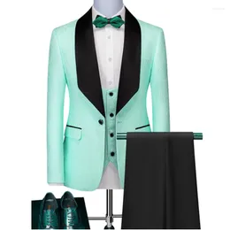 Men's Suits Arrival Men Mint Pattern And Black Groom Tuxedos Shawl Lapel Groomsmen Wedding Man ( Jacket Pants Vest Tie ) D24