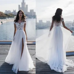 Plaża Off Shoulder szyfonowa linia suknie ślubne 2023 nowe zakolanówki rozcięcia suknia ślubna koronkowe aplikacje vestido de novia