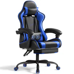 Lacoo PU 가죽 게임 의자 마사지 인체 공학적 게이머 의자 높이 조절 가능한 컴퓨터 의자 발판 요추 지지대, 파란색