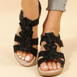 Sandálias sapatos femininos verão 2023 plus size casual dedo do pé redondo flor cunha feminina couro romano