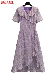 Basic Casual Dresses Purple Floral Print Vintage Loose Chic Onepieces Dress Women Elegant Bodycon Evening Summer Office Lady Vestidos 230706