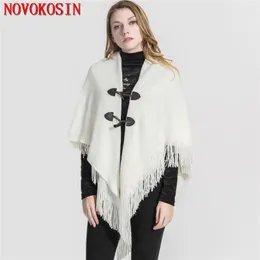 Women's Knits 9 Colors Two Layer Loose Cape Autumn Triangle Poncho Women Outstreet Horn Buckle Knitwear FemaleTassel Long Sweater Shawl