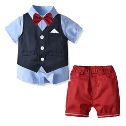 Shorts Baby Boys Gentleman Suit Boys Clothes Lattice Bow Tie Shirt+vest+shorts 4pcs Set Kids Wedding Party Costume Children Clothing