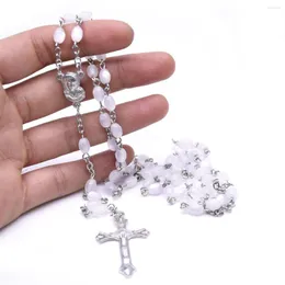 Pendant Necklaces Handmade Christ Jesus Cross Necklace White Resin Rosary Beads Chain Religious Catholic Prayer Jewelry Gift