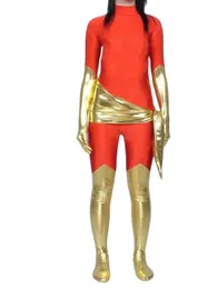 Vermelho brilhante ouro Cosplay Catsuit meninas Spandex Zentai Bodysuit Halloween macacão Unisex Outfit Festa Fantasia Vestido