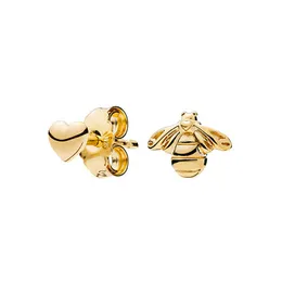 Golden Bee Heart Stud Earrings for Pandora Cute Asymmetric Earring Set For Women Girls designer Jewelry Girlfriend Gift Luxury Gold earrings with Original Box