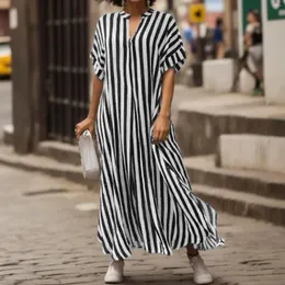 Sukienki na co dzień Damska długa koszula w paski z nadrukiem Streetwear Moda letnia V Neck Krótki rękaw Rozcięcie Oversize Maxi Dress Robes