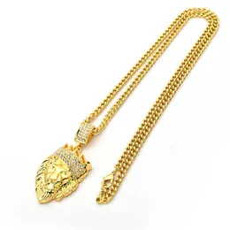 Ouro real 18k Diamante Leão com cabeça de coroa Hip Hop Colar com pingente Hiphop amarelo gelado 5A Zircônia cúbica Gemstone Jóias Acessórios Presentes para homens e mulheres