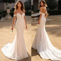 Elegante abito da sposa a sirena in pizzo pieno Boho Beach Abito da sposa sexy senza schienale con spalle scoperte Abiti da sposa Vestido de noiva Newest251T