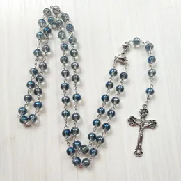 Подвесные ожерелья религиозное святое грааль чаша Молитва Розарий Ожерелье Винтажное голубые кристаллические бусины распятие поперечное четкое общение