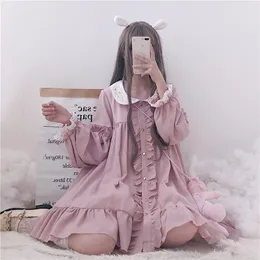 Pantaloni 2022 Primavera Autunno Vestito Delle Donne Haruku Rosa Delle Signore Dell'increspatura Del Merletto Patch Kawaii Abiti Lolita Cosplay Dolce Allentato Abiti